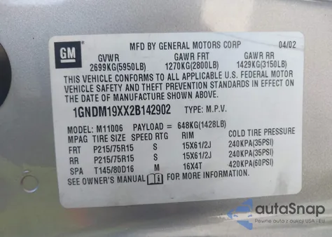 2002 Chevrolet Astro Ls z USA, uszkodzony, nr VIN 1GNDM19XX2B142902